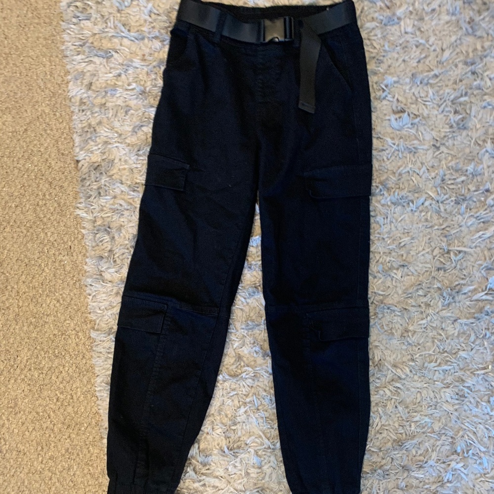 Black cargo pants with adjustable belt